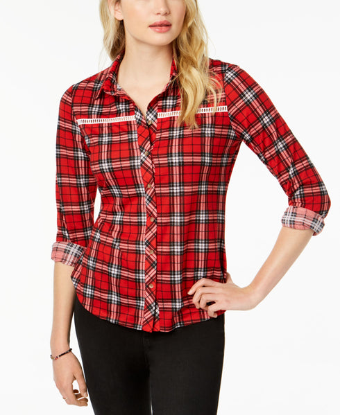 Polly Esther Juniors Lattice Trim Plaid Button Up Shirt